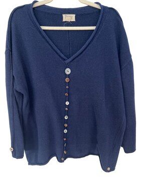 Pure HandKnit Vneck Sweater Size 1X Pullover Buttons Blue Cotton Cozy Staple